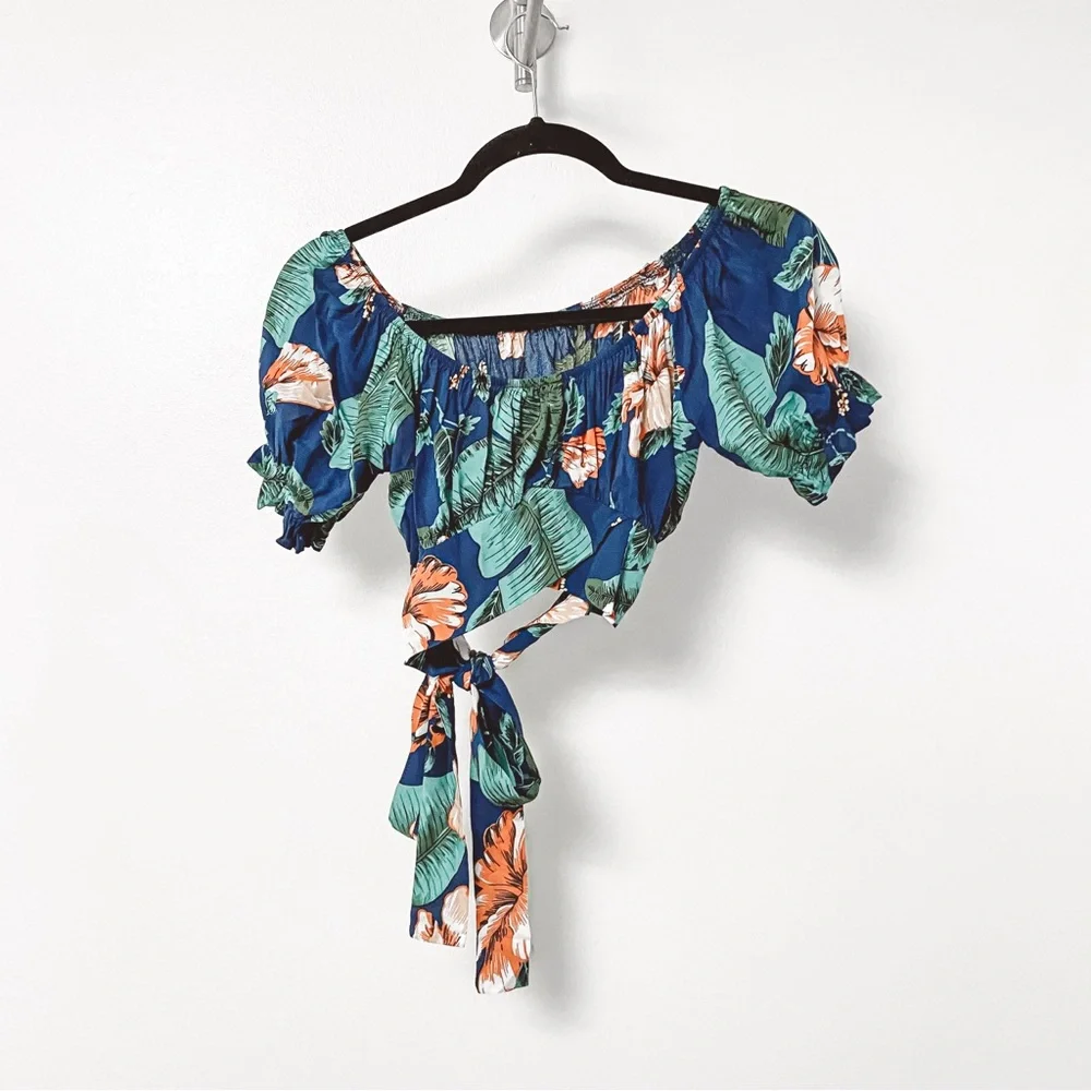 No Brand 100% Rayon Tropical Floral 2 Piece Crop Top Chic Skirt Set Blue‎